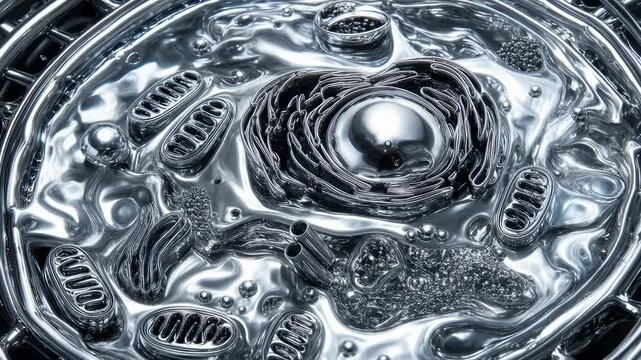 Cell organelle model featuring shiny metallic texture with detailed nucleus, mitochondria, and endoplasmic reticulum futuristic scientific design