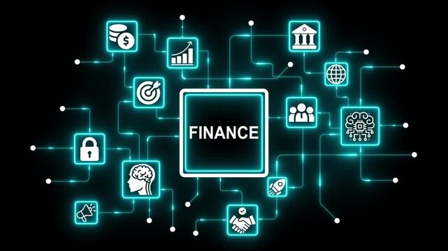Digital finance network concept: glowing fintech and connected data nodes on black background technology