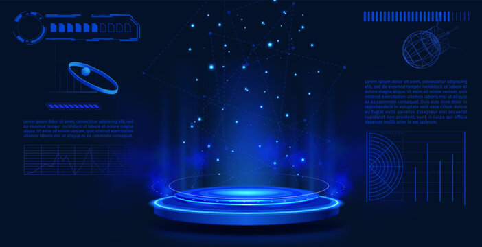 Futuristic neon podium with holographic tech display, abstract background. Vector realistic illustration of modern round 3D platform with glowing diagrams, digital science lab interior design