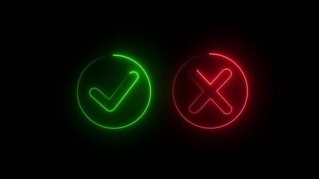 glowing neon Tick or check mark icon on Black Background . right and wrong animated neon icons, False and true. Correct and incorrect, "Minimal neon Check Mark and Cross .4k animation