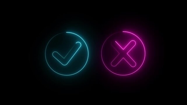 glowing neon Tick or check mark icon on Black Background . right and wrong animated neon icons, False and true. Correct and incorrect, "Minimal neon Check Mark and Cross .4k animation