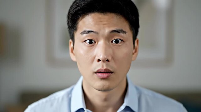 Close-up footage of a man's surprised expression, close-up of a man's surprised expression