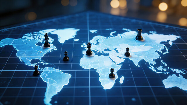 Chess pieces on world map