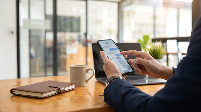 Close up of a businessman in a suit using a smartphone to send text messages while sitting at a wooden desk with a laptop notebook and coffee cup in a modern office