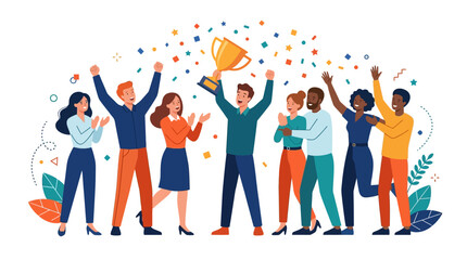 Obraz premium Diverse team celebrating victory with trophy and confetti, achievement concept