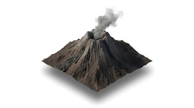 Isometric volcano erupting smoke on white background.