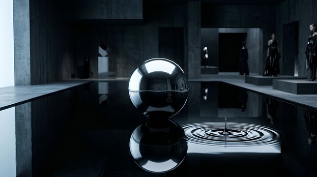 Abstract dark concrete sphere, 3D render with metal balls. Futuristic minimal reflection concept, black matte stones, industrial sci fi product background.