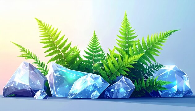 Vibrant Fern Leaves with Glowing Blue Crystal Clusters.