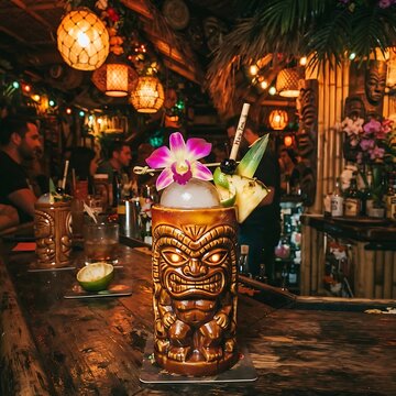 A tropical Mai Tai, bursting with color around a large, cloudy ice sphere, garnished with a vibrant orchid and a pineapple wedge, served in a tiki mug. The backdrop is a lush, dimly lit tiki bar with 