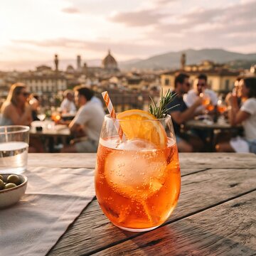 A vibrant Aperol Spritz, its effervescence captured around a large, clear ice sphere, served in a modern, stemless wine glass. The setting is a sun-drenched rooftop bar at golden hour, with hints of c