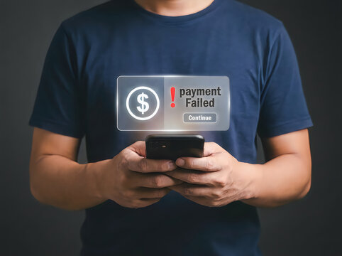 A person in a blue t-shirt holding a smartphone with a digital notification window showing a dollar sign and a payment failed error message