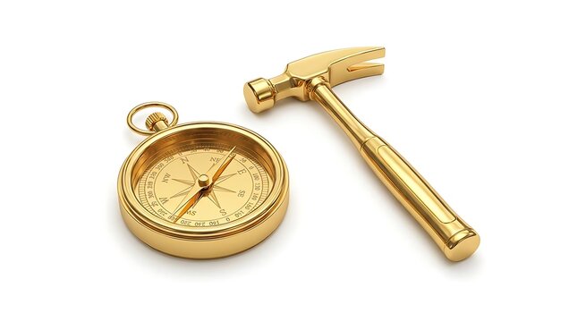 Gold compass and hammer tools on white background.