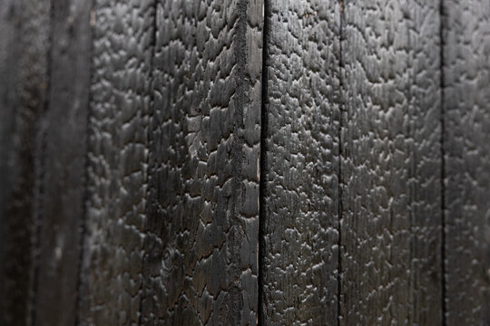 Full-frame texture of vertical black Shou Sugi Ban timber boards with deeply charred grain, knots, narrow seams, and a rugged carbonized surface