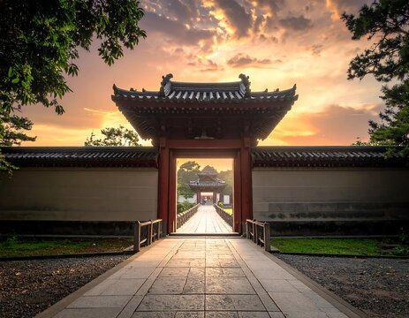 A serene Asian-style gatehouse at sunset with a walkway leading to another gate