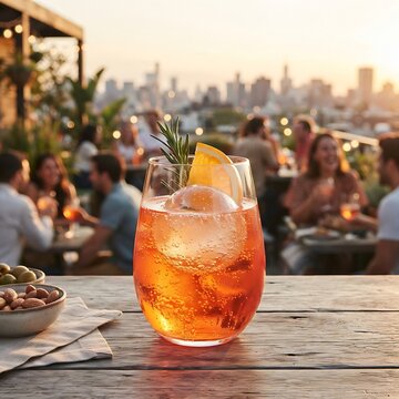 A vibrant Aperol Spritz, its effervescence captured around a large, clear ice sphere, served in a modern, stemless wine glass. The setting is a sun-drenched rooftop bar at golden hour, with hints of c