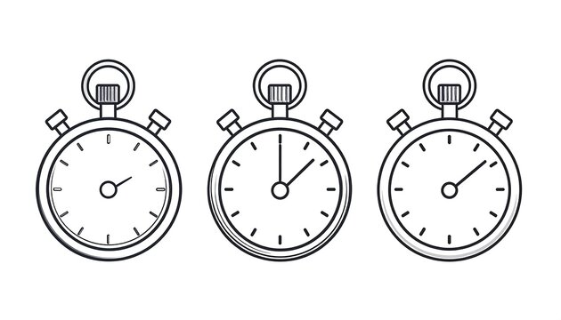 Three line-art stopwatches at different times, white background