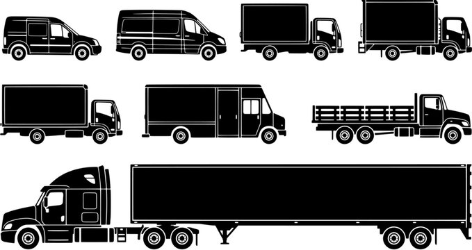 Transportation truck icon set in a flat black silhouette style including delivery van, box truck, flatbed, step van and semi trailer.