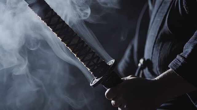 煙漂う静寂の中で日本刀の柄を力強く構える武士の静と動を描いた3D背景動画