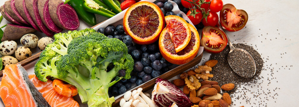 Healthy balanced dieting concept. Selection of rich antioxidant food.