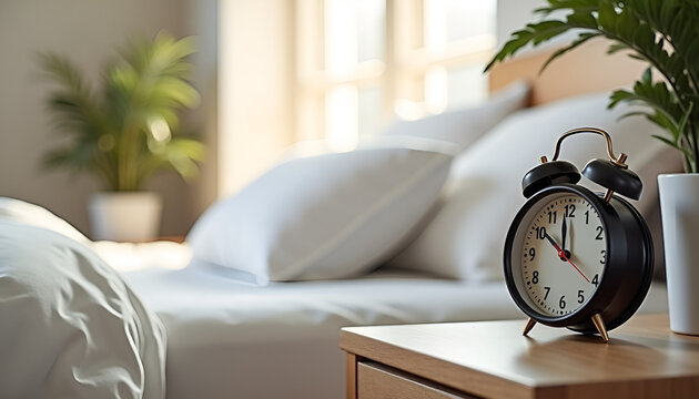 Close-up of a classic analog alarm clock on a wooden bedside table with soft morning light and blurred bedroom background. Ideal for morning routine, healthy sleep and time management concepts