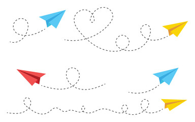 Paper airplanes set with dotted flight routes. Vector illustration of colorful origami paper planes flying in loop path, heart trajectory, message travel concept template. © MdNurul