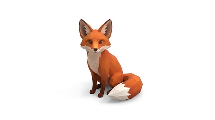Low poly 3D fox sitting on white background.