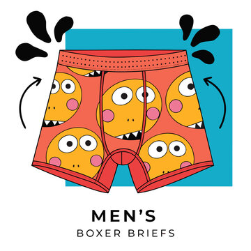 Men boxer briefs underwear with cute cartoon dinosaur face pattern on turquoise background shown in flat vector illustration.
