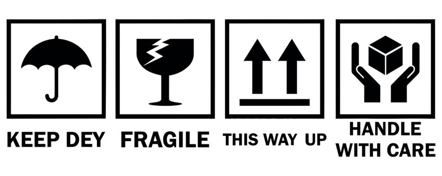 Set of four black shipping and handling icons for fragile packages on a white background design.