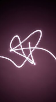Abstract long exposure light trails forming a stylized glowing heart shape on a gradient dark purple background, white neon streaks with motion blur and minimalist aesthetic.