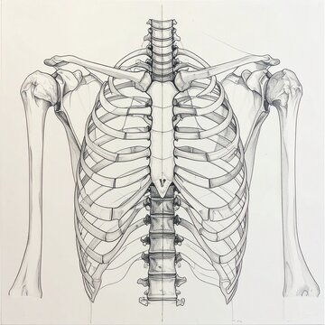 Detailed anatomical sketch of human rib cage and spine.