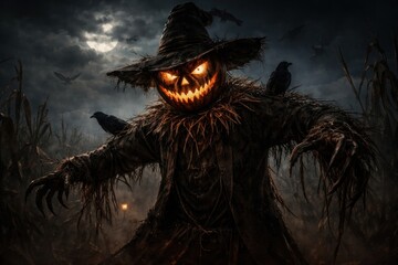 Fototapeta premium Eerie scarecrow under moonlight