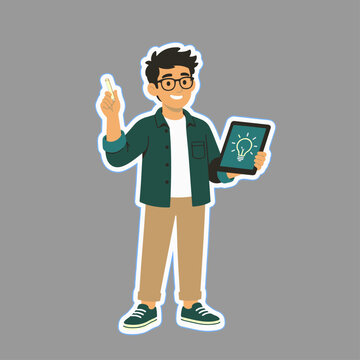 Stylized modern Teacher character, showing a tablet with idea sign