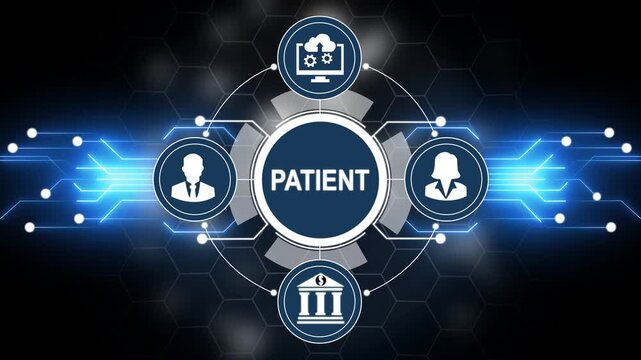 Patient data management system with icons for people cloud and bank healthcare medical