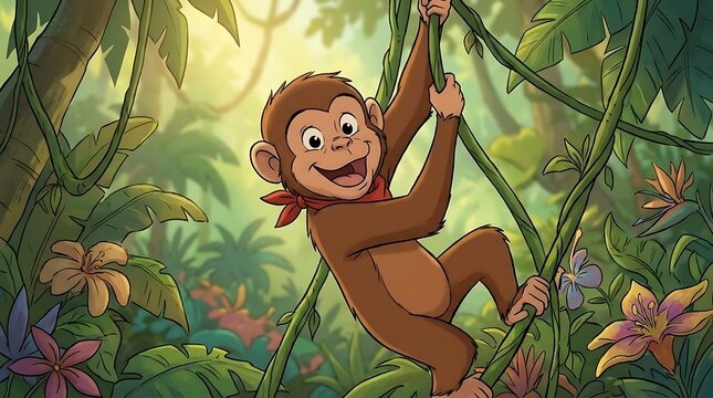 Cartoon monkey swinging in tropical jungle.