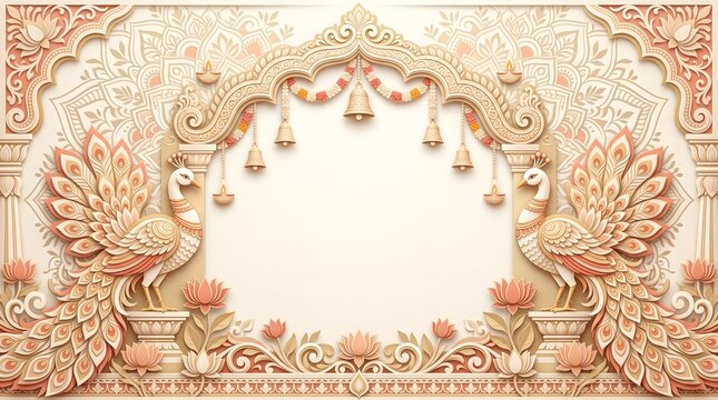 Grand indian palace background with majestic peacocks lotus flowers and hanging temple metal bells.