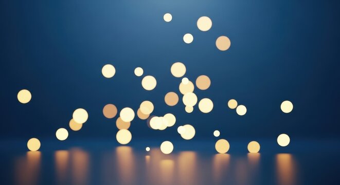 Abstract composition of glowing warm yellow circular bokeh lights and spheres floating above a dark blue reflective surface with soft out of focus light effects and subtle shadows.