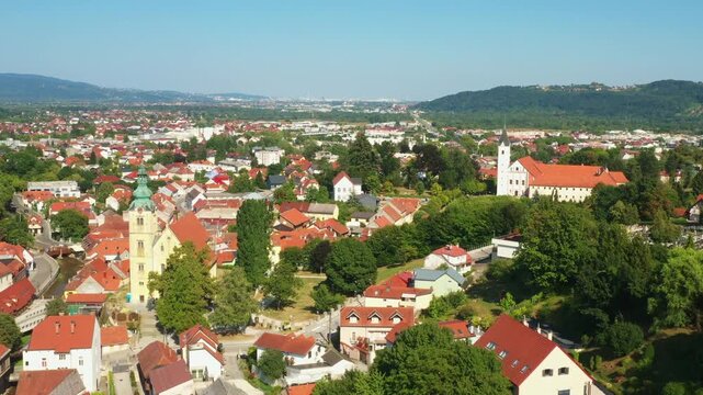 Croatia, town of Samobor, city center and church tower aerial view 