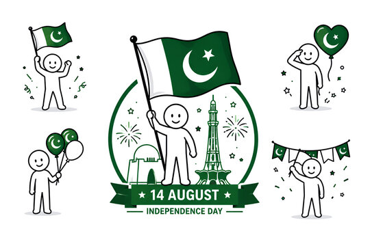 Pakistan independence day 14 august celebration stick figure characters set with mazar e quaid and minar e pakistan