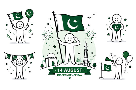 Pakistan independence day 14 august celebration stick figure characters set with mazar e quaid and minar e pakistan