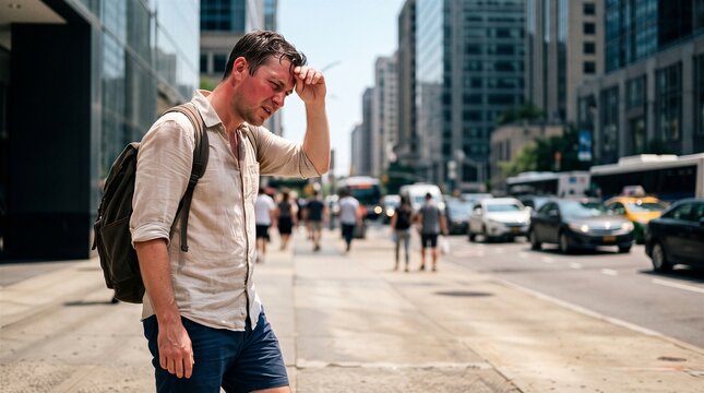 Distressed man wipes sweat from his forehead while walking through a hot city street during a summer heatwave.