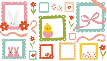 Obraz premium Colorful Easter illustration with eggs and flowers. Festive spring holiday vector design.