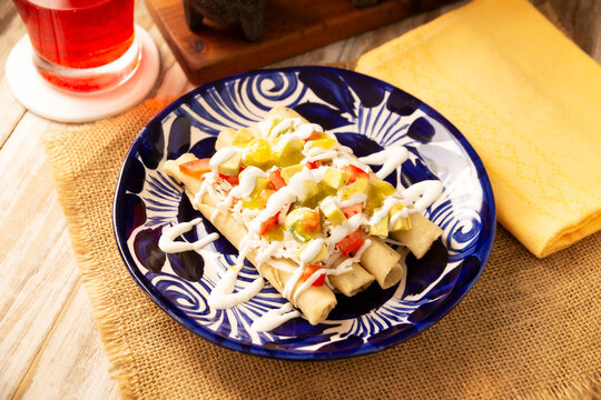 Tacos Dorados. Mexican dish also known as Flautas, consists of a rolled corn tortilla with some filling, commonly chicken or beef or vegetarian options such as potatoes.