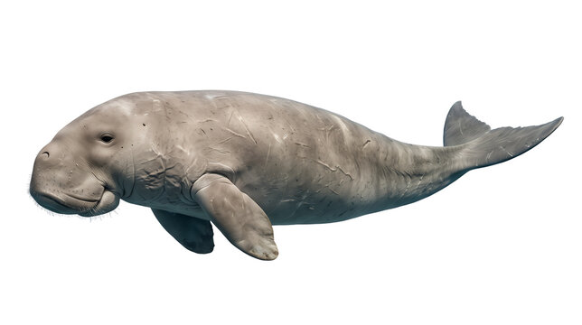 A full-body Dugong (Dugong dugon) swimming in perfect side profile, realistic skin texture with subtle wrinkles