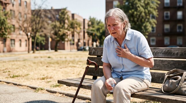 Elderly woman sits on a park bench in an urban area while clutching her chest in pain due to a potential heart attack.