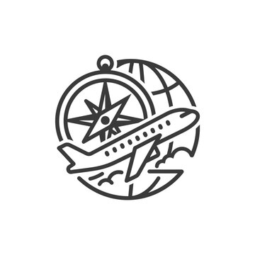 A simple black line icon showing a plane and a compass