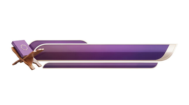 Luxury islamic purple lower third banner with 3d wooden quran rehal stand book icon isolated on transparent background