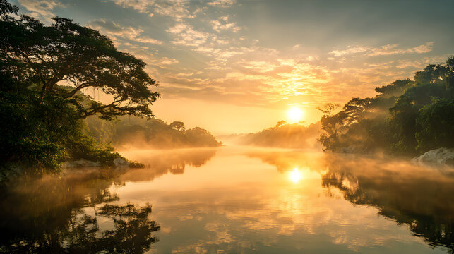 Golden sunrise over calm river flowing through lush tropical rainforest canopy under radiant morning sky with displays serene river winding through dense