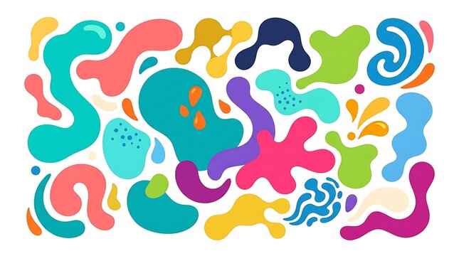 Vibrant collection of colorful organic fluid shapes featuring diverse artistic blobs and abstract liquid patterns isolated on white background