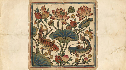 Fototapeta premium Korean minhwa lotus pond with fish pair, folk wall art