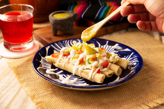 Tacos Dorados. Mexican dish also known as Flautas, consists of a rolled corn tortilla with some filling, commonly chicken or beef or vegetarian options such as potatoes.